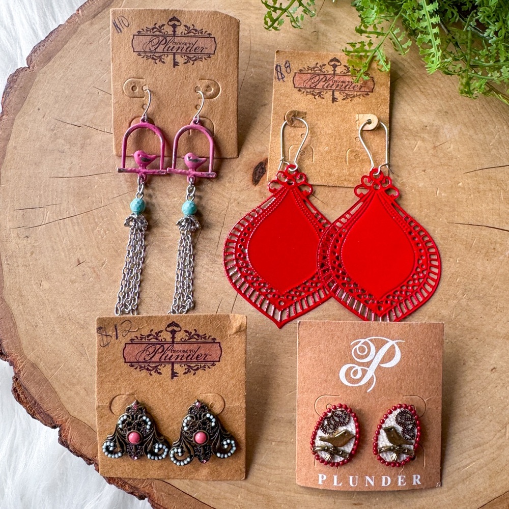 Lot Plunder Design Taya Red Bird Pink Birdcage Statement Gold & Silver Earrings